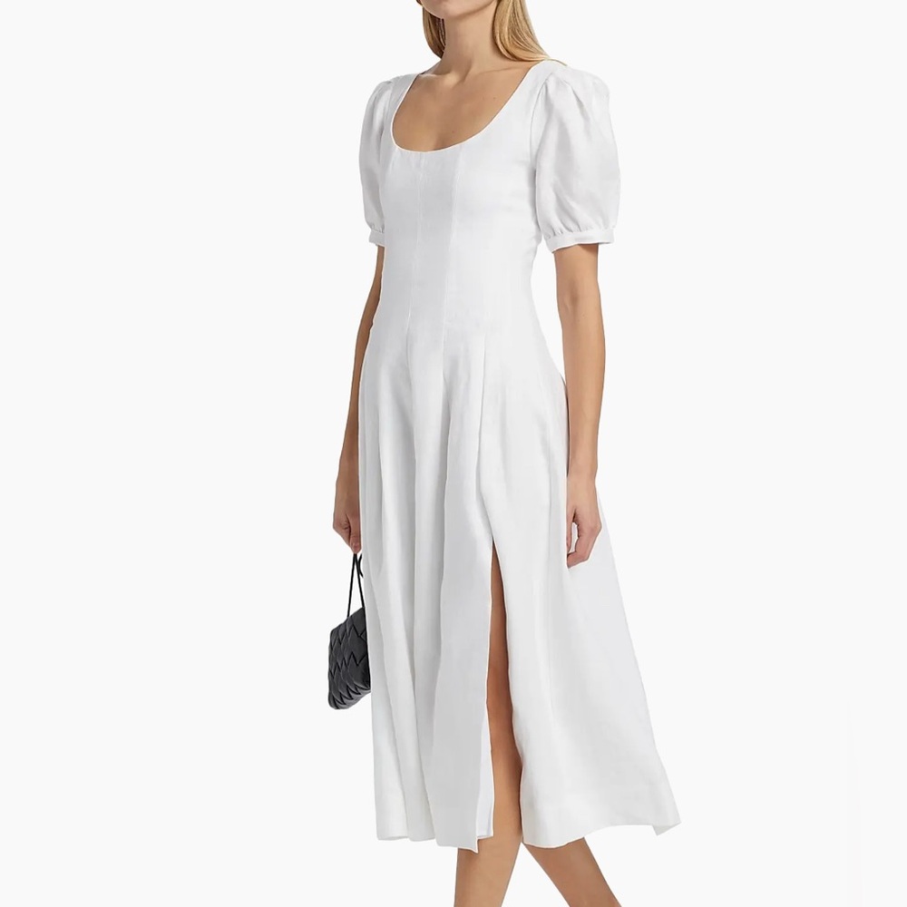 Reformation White Linen Midi Dress 12 Short Puff Sleeve Smocked Back Cottage